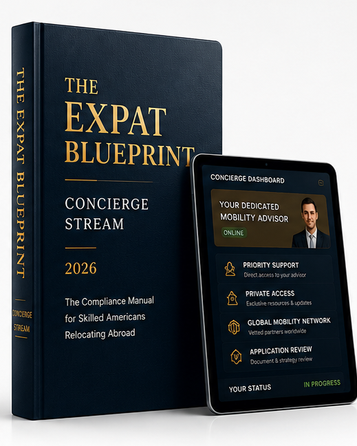The Expat Blueprint Concierge Stream 2026 hardcover with advisor dashboard tablet